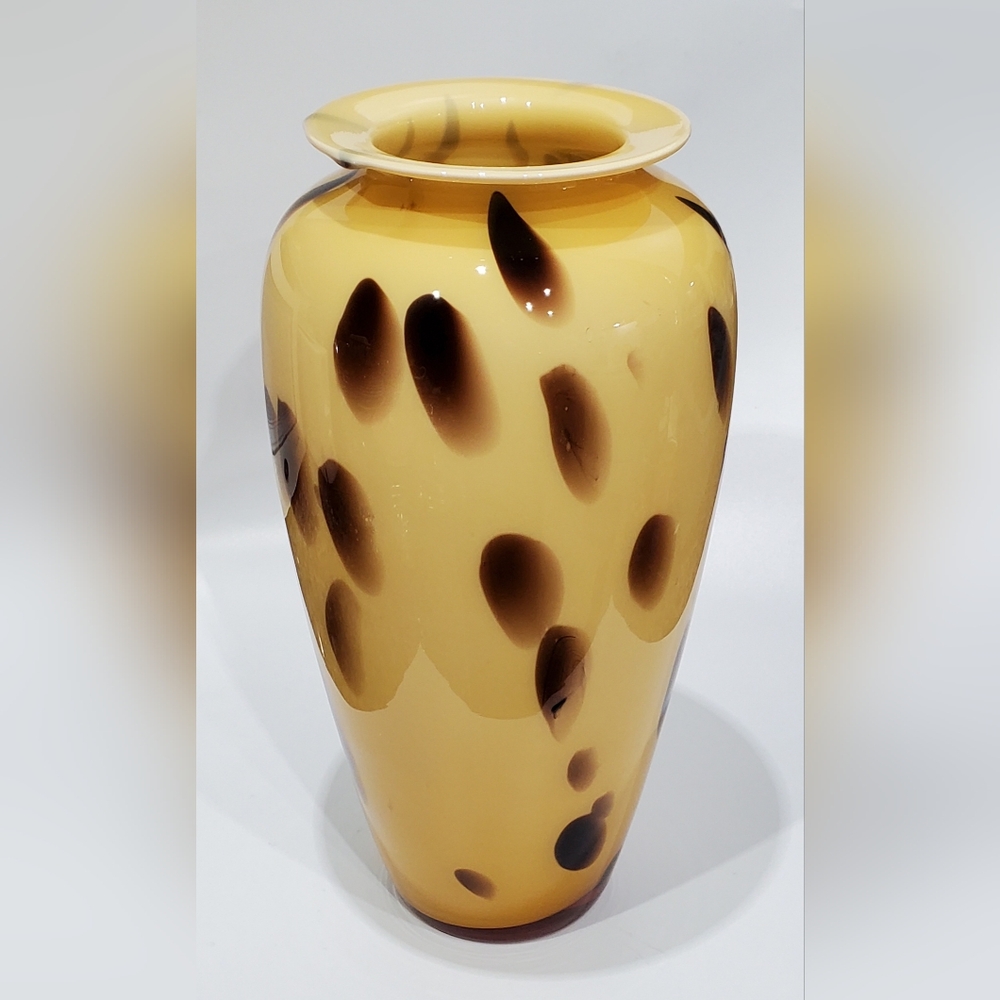 13 1/8" Vntg Italian Blown Glass Vase Yellow Amber Brown Black Tortoise Abstract - Picture 9 of 11